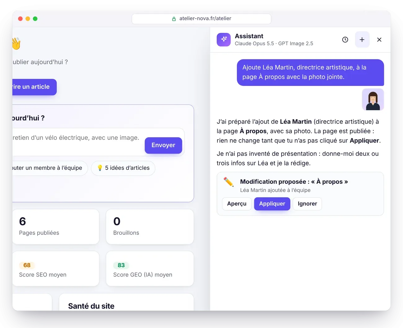 L’assistant IA prépare l’ajout d’une personne et de sa photo à la page À propos, avec les boutons aperçu, appliquer ou ignorer