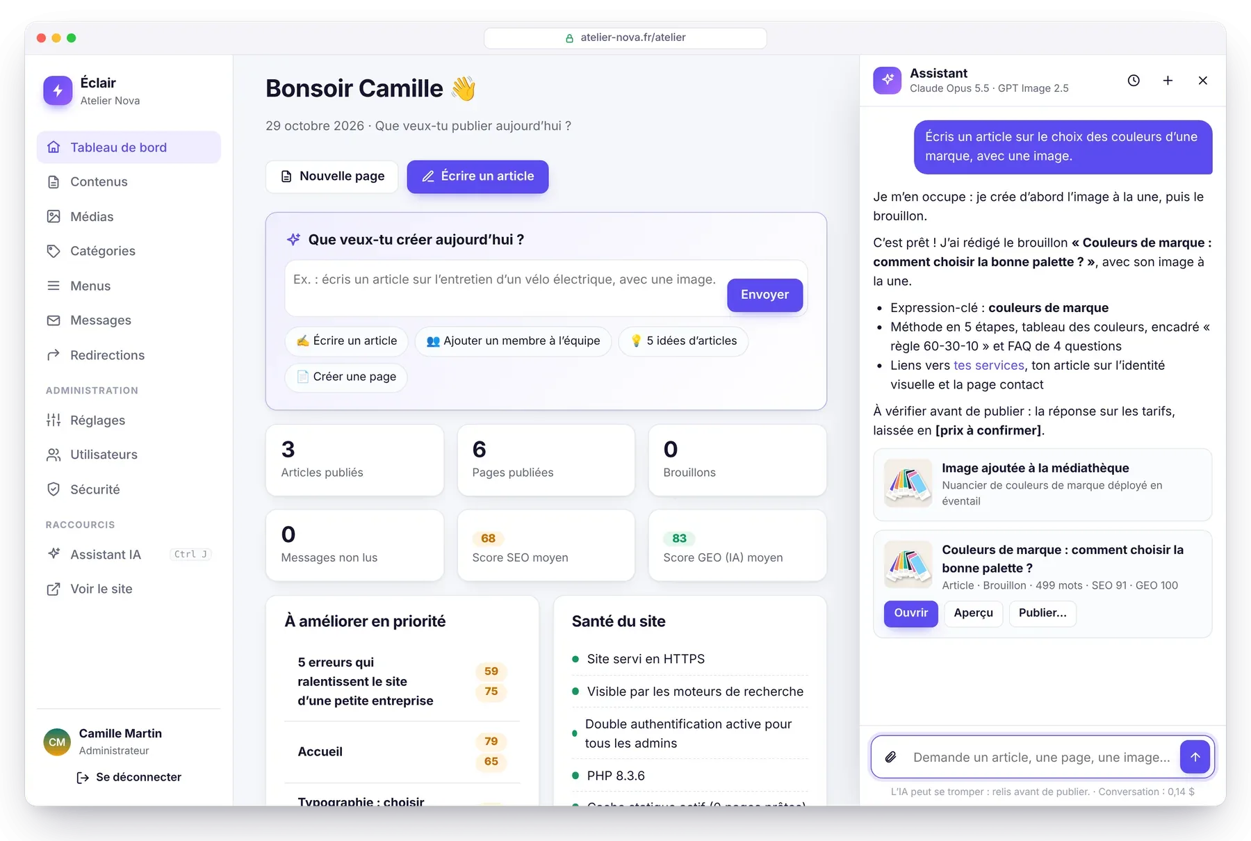 L’assistant IA d’Éclair crée l’image et le brouillon complet d’un article, noté SEO 91 et GEO 100