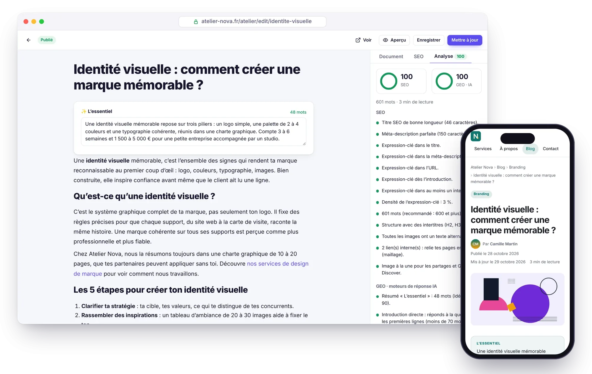 L’éditeur d’Éclair affiche une analyse SEO et GEO notée 100 sur 100, à côté de l’article publié sur un téléphone