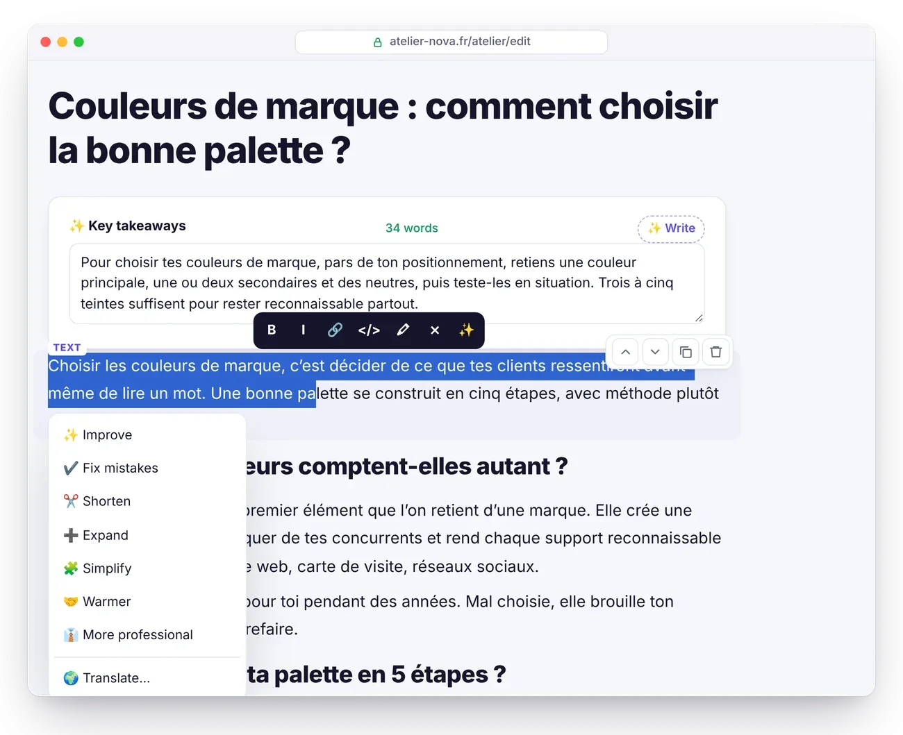The AI assistant menu in the block editor, on a selected passage: Improve, Fix mistakes, Shorten, Expand, Simplify, Translate
