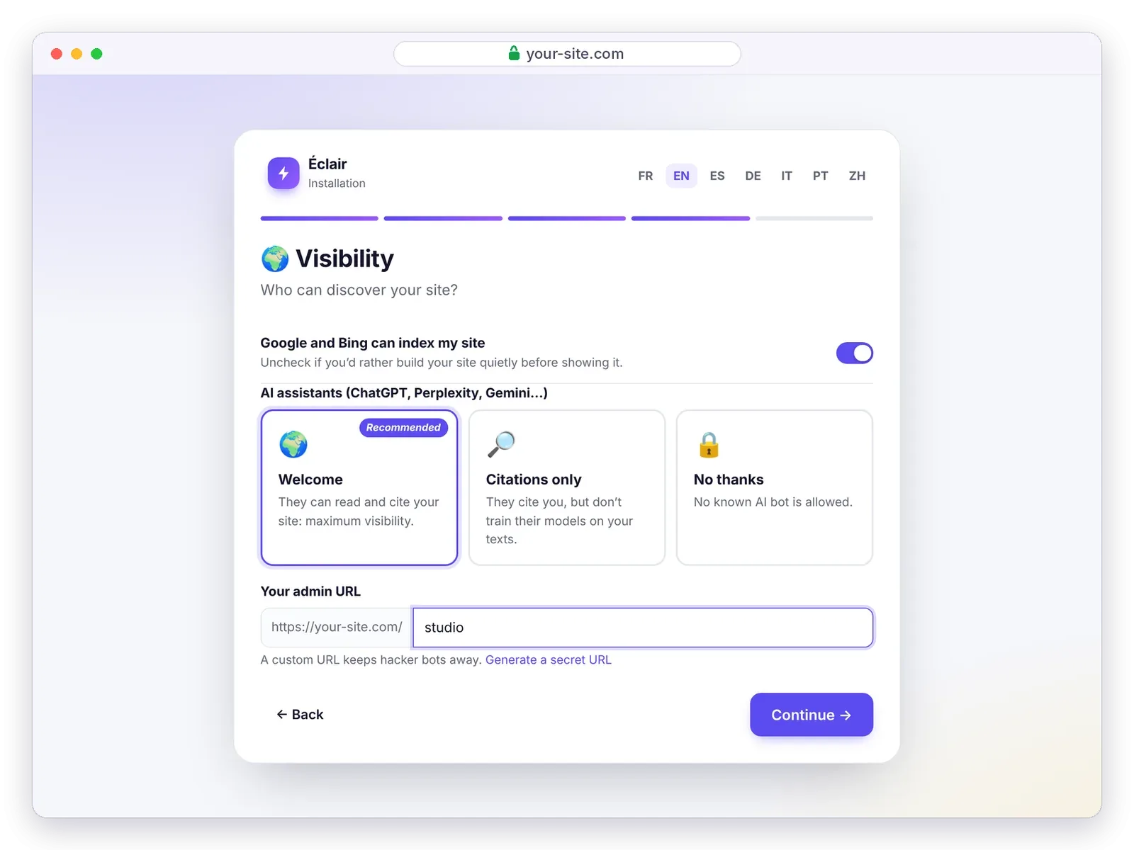 Éclair setup wizard, Visibility step: Google and Bing indexing, AI bots and admin URL