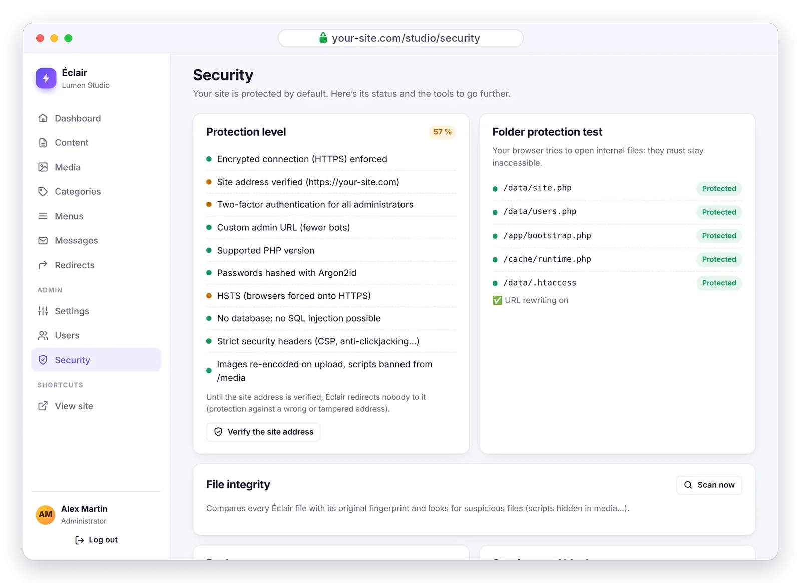 The Security page of the Éclair admin: protection level as a percentage, folder protection test and file integrity check