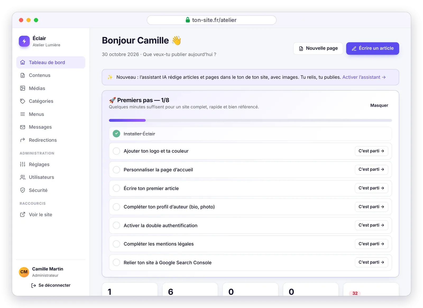 Tableau de bord d’Éclair juste après l’installation, avec la liste Premiers pas
